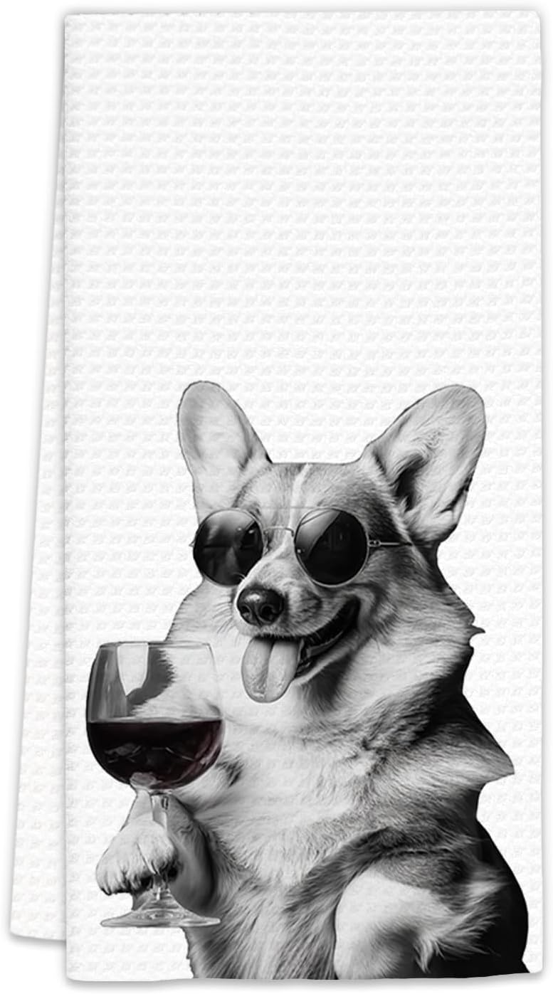 FIicy Corgi Gifts Wine Dog Kitchen Towels, Corgi Gifts for CorgiLovers Wine Lovers Decorative Hand Dish Towel for Kitchen Home Bar, Funny CorgiDog WineLover Home Bar Kitchens Decor(16x24Inch) - Image 1
